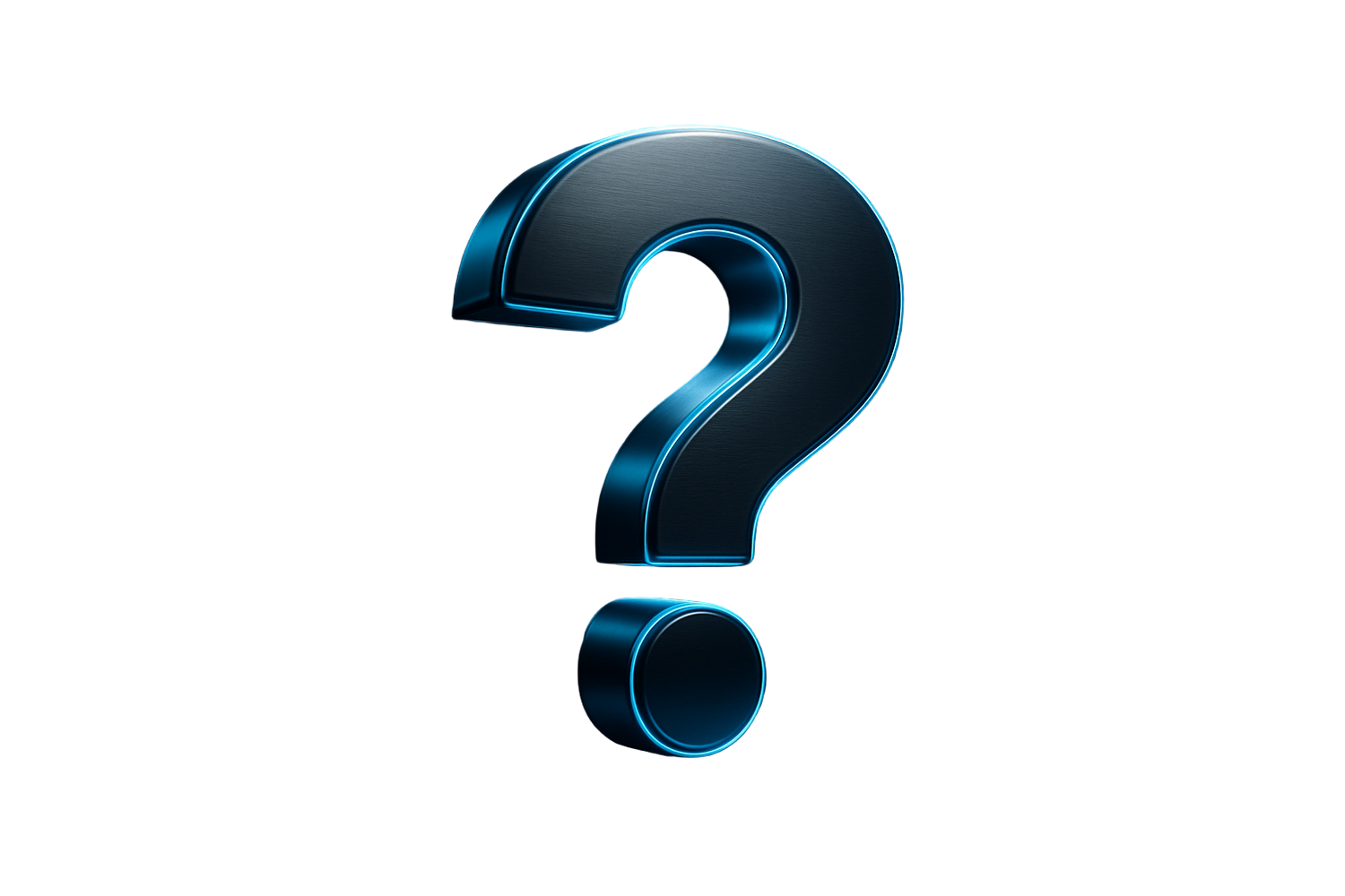 A sleek 3D metallic question mark glowing in blue light, futuristic style, with subtle car-themed background elements like a tire tread pattern, dark background with spotlight effect.